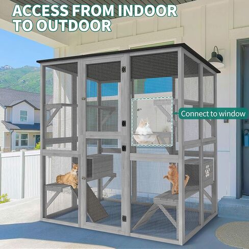 حاوية قطط خارجية من YITAHOME Catio كبيرة، بيت خشبي طويل القامة للقطط مع سقف إسفلت مقاوم للعوامل الجوية، قفص لعب للقطط مع منصات متعددة وصندوقين للراحة، 70.9 بوصة طول × 38.2 بوصة عرض × 70.9 بوصة ارتفاع in Saudi Arabia