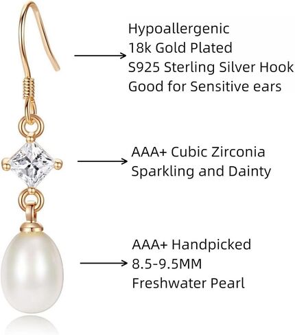 Freshwater Pearl Earrings for Women, 925 Sterling Silver Earrings Pearl Drop Dangle Earrings 14k Gold Plated Earrings for Women Trendy Nickel Free Hypoallergenic Cubic Zirconia Bride Wedding Jewelry in Saudi Arabia