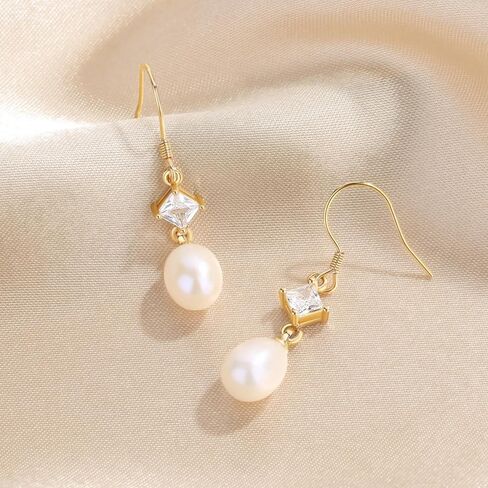 Freshwater Pearl Earrings for Women, 925 Sterling Silver Earrings Pearl Drop Dangle Earrings 14k Gold Plated Earrings for Women Trendy Nickel Free Hypoallergenic Cubic Zirconia Bride Wedding Jewelry in Saudi Arabia