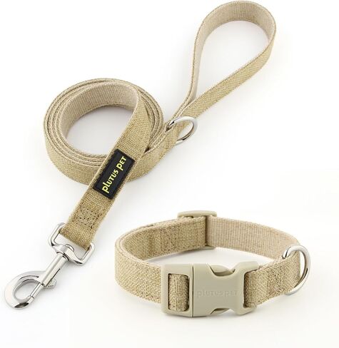 Plutus Pet Cotton Hemp Dog Collar and Leash Set, Adjustable Collar for Small, Medium, and Large Dogs, Heavy Duty and Soft on Skin, Gray Plaid, S in Saudi Arabia