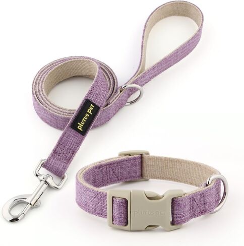 Plutus Pet Cotton Hemp Dog Collar and Leash Set, Adjustable Collar for Small, Medium, and Large Dogs, Heavy Duty and Soft on Skin, Gray Plaid, S in Saudi Arabia