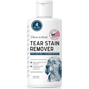 Chew + Heal Labs Tear Stain Remover for Dogs and Cats - 4 oz Solution - Reduces Eye Buildup and Gunk, Loosens and Dissolves Staining - Water Based with Aloe Vera and Cucumber Extract