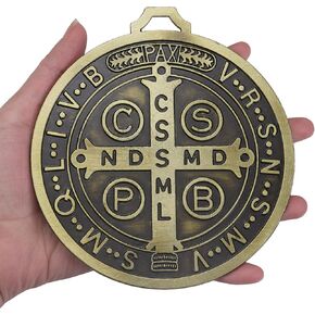 YionZian 5 Inch Extra Large Metal Saint Benedict Medal Catholic Medalla De San Benito For Car Protection and Home Blessing Art Wall or Desk Display (Brass Color)