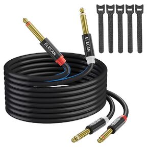 Elecan Dual 6.35mm 1/4 TS to Dual 1/4 TS Stereo Audio Cable 10 Ft, Interconnect Insert Cable, Firm Connection,Flexible Durable Tearable Color-Coded Mono Breakout Cable for Speaker Amplifier Mixer+Ties