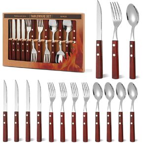 Today's Present Forks and Spoons Silverware Set, 24 Piece Wooden Handle Silverware Set for 8, Wooden Cutlery Stainless Steel Flatware Set with Wood Handle Gift Box Set for Home Kitchen Travel Camping