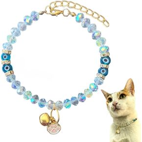 Cat Collar with Bell, Evil Eye Beads for Girls and Boys Cats, Shiny Crystal Stones, Adjustable Collar for Small and Large Cats, Small Breed Dogs (Transparent)