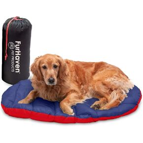 Furhaven Outdoor Travel Dog Bed for Large/Medium Dogs w/ Carry Bag, Washable & Foldable, Great for Crates & Kennels - Trail Pup Travel Pillow Mat w/ Stuff Sack Bag - Flame Red/True Blue, Large