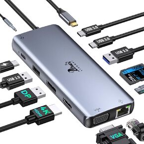 محطة إرساء USB C من LIONWEI، شاشة مزدوجة لأجهزة الكمبيوتر المحمول Dell/HP/Surface، محول عرض ثلاثي USB C Hub 12 في 1، دونجل USB C متعدد المنافذ مع HDMI+منفذ عرض+VGA+4 USB C/A+100W PD+Ethernet+SD/TF + الصوت in Kuwait
