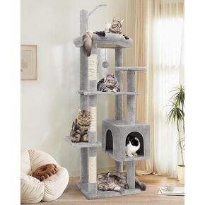 F64 Adult Cat Tree Tower for Indoor Cats, 64inch Tall Corner Cat Tower with Scratching Post for Large Cats, Extra-Large Top Perch, Spacious Condo, Detachable Cat Toy Teaser Mouse, Light Grey