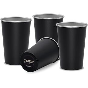 7 Steps - Stainless Steel Pint Cup 500 ml / 16 oz - Durable - Reusable - Party - Outdoor - Hiking - Camping - Picnic - Stackable Cup for Beer Juice Soda (Pack of 4) (Black)