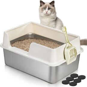 صندوق فضلات القطط من الفولاذ المقاوم للصدأ من Lawei، صندوق فضلات القطط الصغيرة مع غطاء، صندوق فضلات القطط المعدني مع حاوية ذات جوانب عالية للقطط الصغيرة، سهل التنظيف، غير لزج وغير روائح، 19.5 بوصة × 13.6 بوصة × 9.5 بوصة in Kuwait