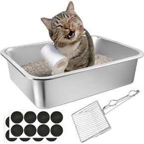 Stainless Steel Cat Litter Box, 16 x 12 x 4 Large Litter Box, Non Stick Kitty Litter Box with Metal Litter Scoop and Anti Slip Stickers for Kitten, Guinea Pig and Rabbit