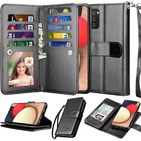 NJJEX Wallet Case for Samsung Galaxy A02S, for Galaxy A02S Case 6.5", [9 Card Slots] PU Leather Credit Holder Folio Flip [Detachable] Kickstand Magnetic Phone Cover & Lanyard for Samsung A02S [Black]