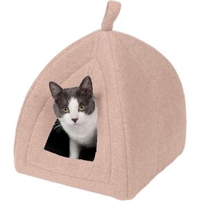 Furhaven Cat Bed Cave for Indoor Cats & Small Dogs, Washable & Foldable w/ Removable Cushion - Polar Fleece Pet Tent - Beige Buff, Small, 16.0"L x 13.0"W x 13.0"Th