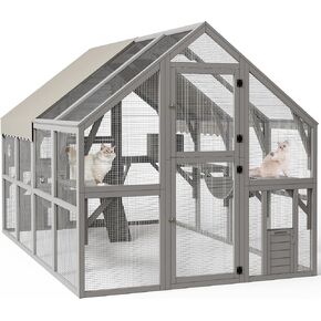 YITAHOME Extra Large Catio Outdoor Cat Enclosure, 110 inch Outside Cattery with Weatherproof Roof, Cat Scratcher Ramp, Cat Space Capsule Bed, 2 Bridges, 2 Resting Houses, 7 Platforms