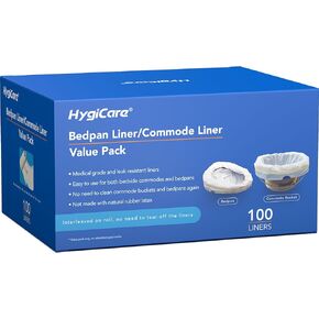 HygiCare Enlarged Bedpan and Commode Liners Value Pack 100 Count, Leakproof, Medical Grade, Portable Toilet Bag Fits All Bedpans and Commode Buckets, Interleaved Bags on Roll No Need to Tear off Bags