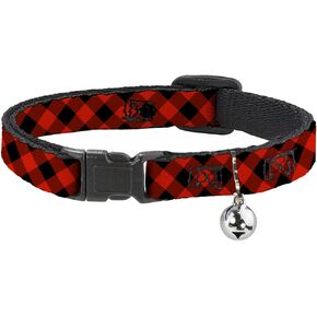 Cat Collar Breakaway Diagonal Buffalo Plaid Black Red 8 to 12 Inches 0.5 Inch Wide