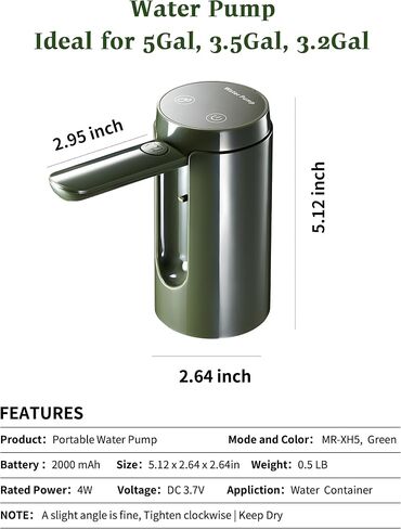 Automatic Touch Control Water Pump,Only for 5 Gallon,4.8, 3.5, 3.2Gal Camping Water Containers, Green Portable Foldable Helical Water Faucet,Type-C Rechargeable Water Dispenser for Outdoors Hiking in Saudi Arabia