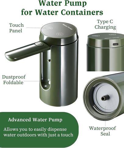 Automatic Touch Control Water Pump,Only for 5 Gallon,4.8, 3.5, 3.2Gal Camping Water Containers, Green Portable Foldable Helical Water Faucet,Type-C Rechargeable Water Dispenser for Outdoors Hiking in Saudi Arabia