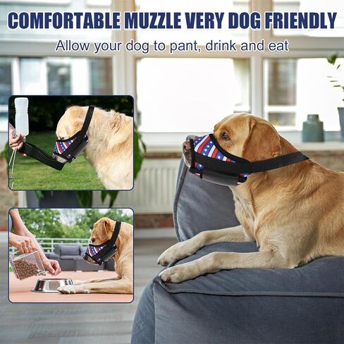 Dog Muzzle, Flag Print Dog Mouth Cover Sleeve Breathable Drinkable Adjustable Pet Safe Dog Black Muzzle to Prevent Anti Biting Barking Chewing (L) in Saudi Arabia