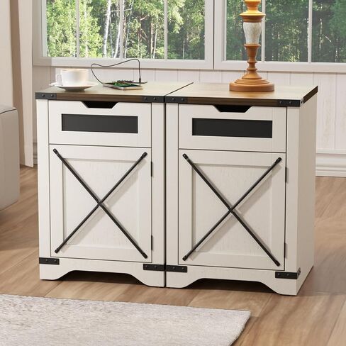 Farmhouse End Table with Charging Station, 26.4" H Side Table with Drawer and X Barn Door, Antique White Country Nightstand Bedside Table, Mid Century Modern Sofa Side Table for Living Room, Bedroom in Saudi Arabia