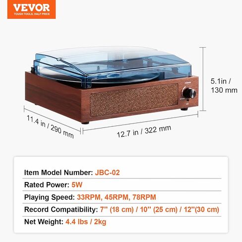 VEVOR Vinyl Record Player, with Built-in 5W Speaker, Belt Driven Turntable Player,Support 33/45/78 RPM Bluetooth Aux in RCA Output, for 7/10 /12 in Vinyl Records in Saudi Arabia