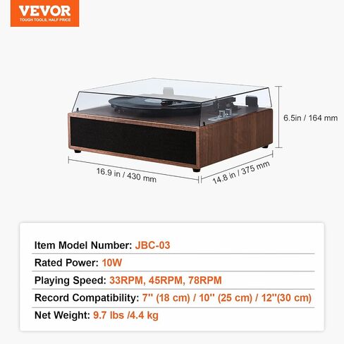 VEVOR Vinyl Record Player, with Built-in 5W Speaker, Belt Driven Turntable Player,Support 33/45/78 RPM Bluetooth Aux in RCA Output, for 7/10 /12 in Vinyl Records in Saudi Arabia