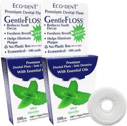 Eco-Dent GentleFloss Dental Floss, Waxed, Mint - Floss with Vegan Plant-Based Wax, Recyclable Cardboard Packaging, 100 Yds Ea (Pack of 6) in Saudi Arabia