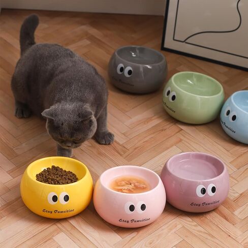 Cute Ceramic Raised Cat Bowl, Elevated Cat Food Bowl Whisker Friendly, Small Tilted Cat Dish for Indoor Cats and Kitten, Yellow in Saudi Arabia