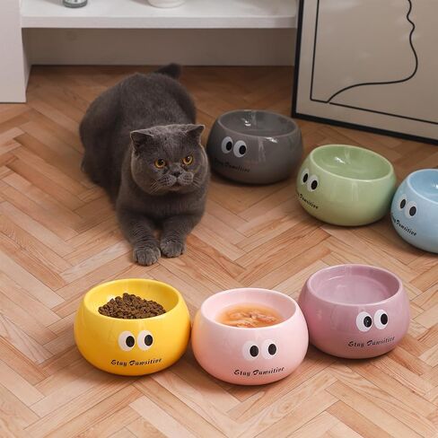 Cute Ceramic Raised Cat Bowl, Elevated Cat Food Bowl Whisker Friendly, Small Tilted Cat Dish for Indoor Cats and Kitten, Yellow in Saudi Arabia