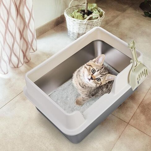 صندوق فضلات القطط من الفولاذ المقاوم للصدأ من Lawei، صندوق فضلات القطط الصغيرة مع غطاء، صندوق فضلات القطط المعدني مع حاوية ذات جوانب عالية للقطط الصغيرة، سهل التنظيف، غير لزج وغير روائح، 19.5 بوصة × 13.6 بوصة × 9.5 بوصة in Kuwait