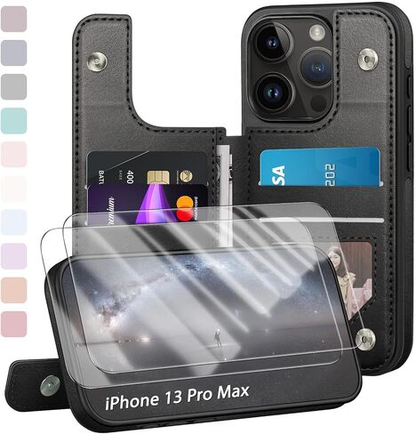 Designed for iPhone 13 Pro Max Case Wallet, Card Holder Case with [2 Screen Protectors][Magnetic Clasp Folio Cover][RFID Blocking Leather] Shockproof Women Men Cases 6.7" for Apple 13 Pro Max Black in Saudi Arabia