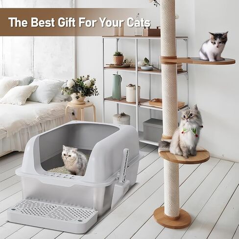 Cat Litter Box Stainless Steel XL with High Sides Enclosure Lid, Extra Large Covered Metal Kitty Litter Box with Litter Pan, Anti-Leakage & Odorless, Easy Cleaning, Litter Scoop Included,Blue in Saudi Arabia