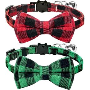 Christmas Plaid Cat Collar with Bow Tie and Bell, Adjustable Breakaway Pet Collar for Cats, Soft Kitten Collar,2 Pack Christmas for Winter, Daily Holiday Cat Accessories (Red + Green)