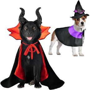Halloween Dog Costumes Dog Vampire Witch Cape with Red Collar Dog Devil Horn Headband Dog Wizard Cloak with Purple Collar Dog Halloween Bat Hat for Medium Large Dogs 4-Pack