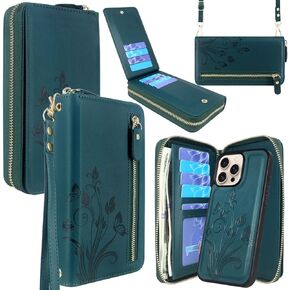 Lacass for iPhone 16 Pro Max 6.9 inch 2024 Wallet Case, Crossbody Dual Zipper Detachable Magnetic Leather Wallet Case Cover Wristlets Wrist Strap 13 Card Slots Money Pocket (Floral Gray)