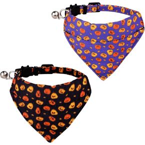 2pcs Halloween Cat Collars Bandana Breakaway, Adjustable Cat Collar with Bell & Removable Bandana Pumpkin Pattern Halloween Kitten Collar Costumes for Cats Kittens