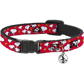 Peanuts Worldwide LLC Cat Collar, Breakaway Collar with Bell, Peanuts Snoopy and Woodstock Poses Scattered Red, 8.5 to 12 Inches 0.5 Inch Wide