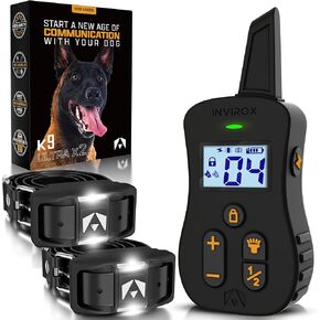 INVIROX Dog Shock Collars [Ultra K9 X2] 124 Training Levels, 4 Powerful Modes with Night-Light and ¾ Mile Range 100% Safe Dog Training Collar System for Large Dogs IP67 Waterproof