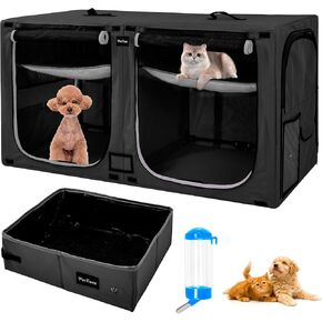 Portable Double Dog Cat Crate,Twin Compartment Cat Show House Cat Condo,Cat Travel Carrier Cages with Litter Box Water Bottle Mat and hamock,Two Room Cat Enclosure Playpen
