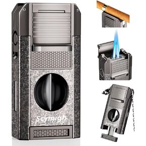 5-in-1 Cigar Lighter with V Cut Cigar Cutter, Cigar Punch, Draw Enhancer and Dual Windproof Jet Flame, Cigar Accessories Gifts for Men, Refillable Butane Torch Lighter Set for Smoking, Outdoor Travel