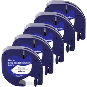 Plastic White Label Tape Replacement for Dymo 91201 91331 S0721660 Label Maker Tape, 12mm*4m, Black on White, 5 Pack