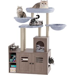Cat Tree with Litter Box Furniture Hidden Enclosure, Modern Cat Tower for Indoor Cats with Large Platform, Cat House with Scratching Posts and Feeding Station,Wood Rustic Gray