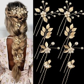 8PCS Gold Leaf Wedding Hair Pins Bridal Headpiece with Pearls Crystal Wedding Hair Styling Pins Vintage Hair Accessories for Brides Bridesmaids and Flower Girls