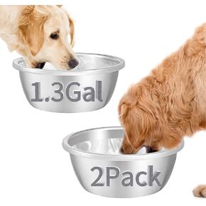2Pcs 1.3 Gallons Large Dog Water Bowls, Large Capacity Stainless Steel Round Dog Water Bowls, Metal Dog Food and Water Bowls for Indoor and Outdoor Extra Large Dogs