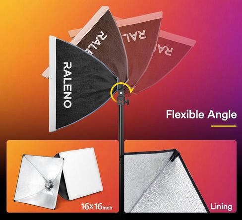 RALENO Softbox Lighting Kit, 16'' x 16'' Photography Studio Equipment with 50W / 5500K / 90 CRI LED Bulb, Continuous Lighting System for Video Recording and Photography Shooting in Saudi Arabia