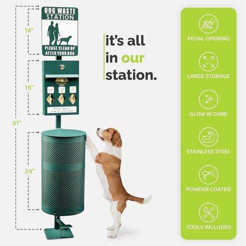 Hands-Free Dog Waste Station Outdoor with Pedal - Dog Waste Disposal System & Bag Dispenser for Park & Trails - Rust Proof Doggie Station - Night Glowing Sign | 800 Pet Waste Bags & 100 Can Liners in Saudi Arabia