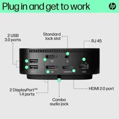 قاعدة شحن HP USB-C G5 Essential Compact Dock Universal LED لأجهزة الكمبيوتر المحمولة HP، مع HDMI، USB Type-C، USB A، اتصال RJ-45، لنظام التشغيل Windows 10، Windows 11، macOS، أسود (متجدد) in Saudi Arabia