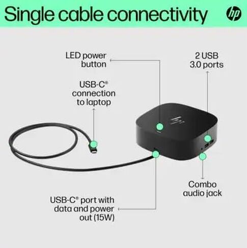 قاعدة شحن HP USB-C G5 Essential Compact Dock Universal LED لأجهزة الكمبيوتر المحمولة HP، مع HDMI، USB Type-C، USB A، اتصال RJ-45، لنظام التشغيل Windows 10، Windows 11، macOS، أسود (متجدد) in Saudi Arabia