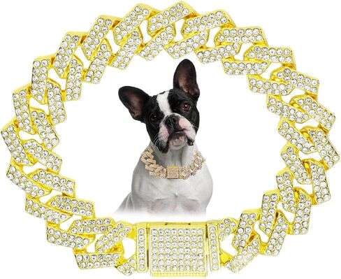Gold Dog Chain Collar, Bling Diamond Cuban Link Puppy Collars Glitter Rhinestone Cat Collar for Small Medium Large Pet Dogs, 8-Inch in Kuwait